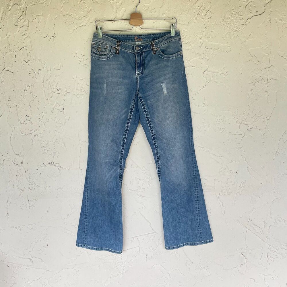 Cache Womens Size 6 Bootcut Jeans Snakeskin Trim Low Rise Flare Distressed Denim